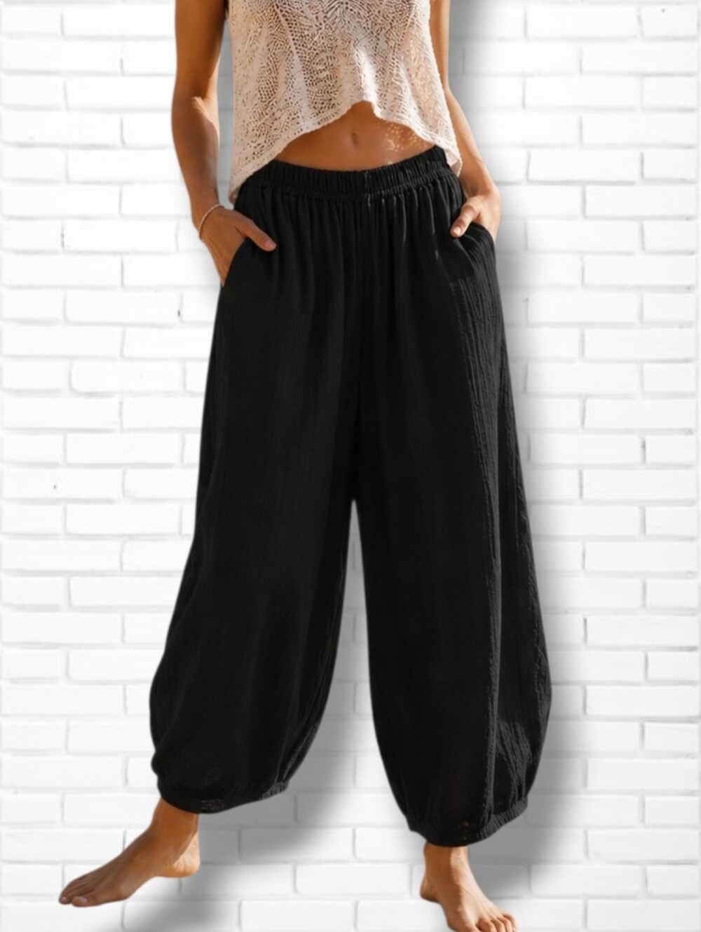 Baba Black Cotton Pull On Wide Leg Resortwear Pants Size M